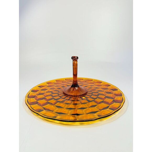 Amber Serving Tray With Handle | Indiana Colony Cubist Bube Diamond Pattern 12" - Picture 12 of 16